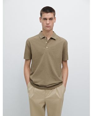 MASSIMO DUTTI 100% Cotton Melange Short Sleeve Polo Shirt - Natural