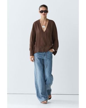 MASSIMO DUTTI Fluid V-Neck Tie Blouse - Blue