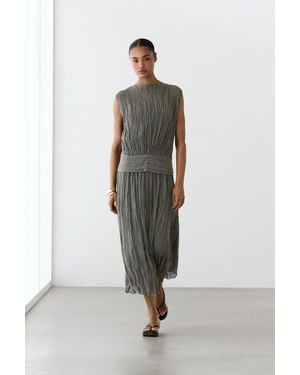 MASSIMO DUTTI Textured Flowing Fabric Sash Dress - Grey