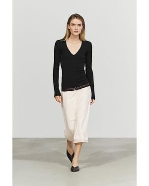 MASSIMO DUTTI Long Sleeve V-Neck T-Shirt - Black