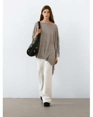 MASSIMO DUTTI Cape À Franges Chinée 100 Lin - Blanc