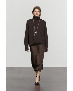 MASSIMO DUTTI Satin Midi Skirt - Brown