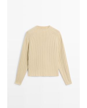 MASSIMO DUTTI 100% Wollen Tricot Trui Met Opstaande Kraag - Naturel