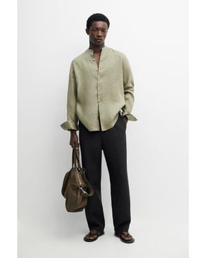 MASSIMO DUTTI 100% Linen Regular Fit Stand Collar Shirt - Green