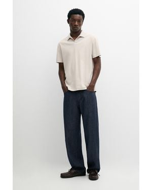 MASSIMO DUTTI 100% Cotton V-Neck Knit Polo Shirt - Blue