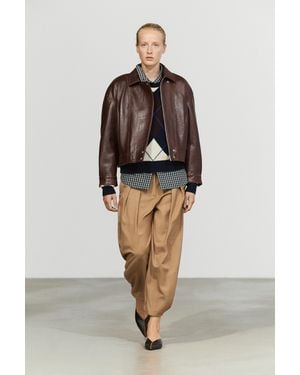 MASSIMO DUTTI Nappa Leather Jacket With Pleat Detail - Brown