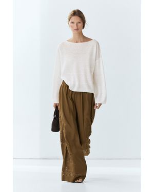 MASSIMO DUTTI Flowing Wide-Leg Trousers With Embroidery Detail - Natural
