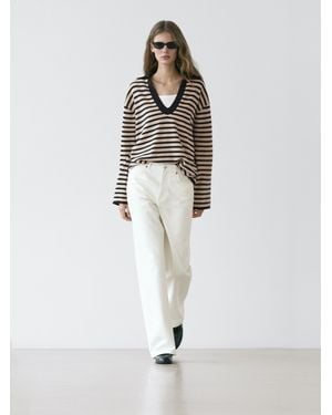 MASSIMO DUTTI Jersey Punto Rayas Cuello Pico - Blanco