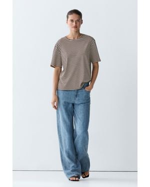 MASSIMO DUTTI 100% Cotton Striped Short Sleeve T-Shirt - Blue