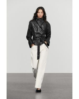 MASSIMO DUTTI Short Leather Jacket With Belt - Grey