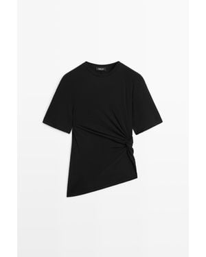 MASSIMO DUTTI Asymmetrisch T-Shirt Met Knoopdetail - Zwart