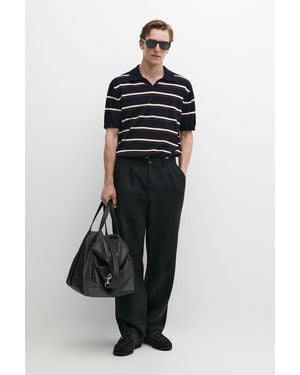 MASSIMO DUTTI Striped V-Neck Knit Polo Shirt - Black
