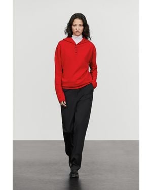MASSIMO DUTTI Hooded Knit Sweater With Button Detail - Red