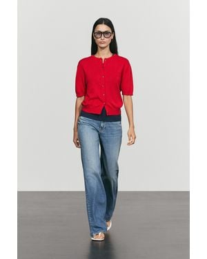 MASSIMO DUTTI 100% Cotton Short Sleeve Knit Cardigan - Red