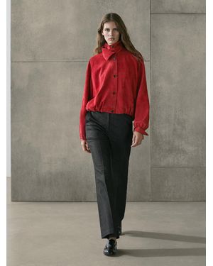 MASSIMO DUTTI Suede Leather Bomber Jacket - Red