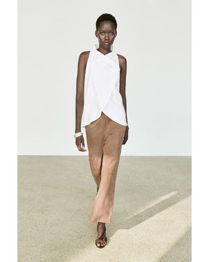 MASSIMO DUTTI Flowing Linen Blend Crossover Halter Top - White