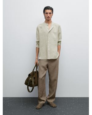 MASSIMO DUTTI Camisa Cuello Mao 100% Lino Rayas - Blanco