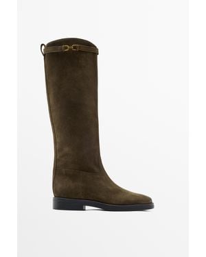MASSIMO DUTTI Oiled Split Suede Riding Boots - Brown