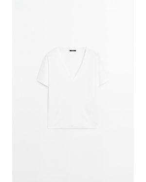 MASSIMO DUTTI Wijd T-Shirt Met V-Hals - Wit