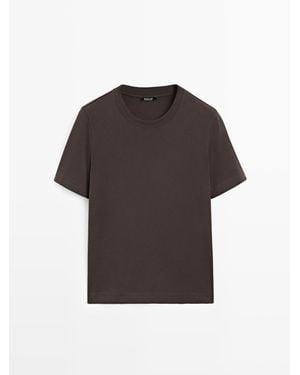MASSIMO DUTTI 100% Katoenen Interlock T-Shirt Met Ronde Hals - Bruin