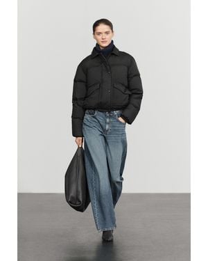 MASSIMO DUTTI Bomber Down Jacket With Nappa Leather Collar - Black