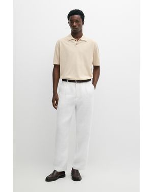 MASSIMO DUTTI Cotton Linen Blend Button-Placket Polo Shirt - White