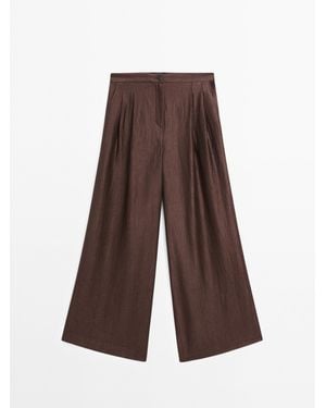 MASSIMO DUTTI Wide Leg Gekreukte Broek Met Halfhoge Taille - Bruin