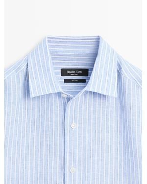 MASSIMO DUTTI Regular Fit Striped Linen Shirt - Blue
