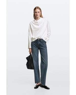 MASSIMO DUTTI Stovepipe Fit Mid-Waist Jeans With Frayed Hem - Blue