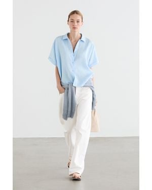 MASSIMO DUTTI 100% Linen Short Sleeve Shirt - Blue