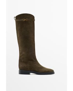 MASSIMO DUTTI Bottes Équestre En Croûte De Cuir Huilées - Marron