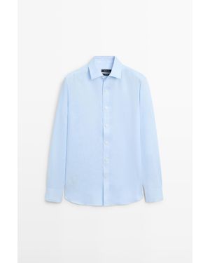 MASSIMO DUTTI Slim Fit 100% Linnen Overhemd - Blauw