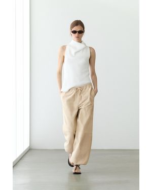 MASSIMO DUTTI Suede Leather Sarouel Pants - White