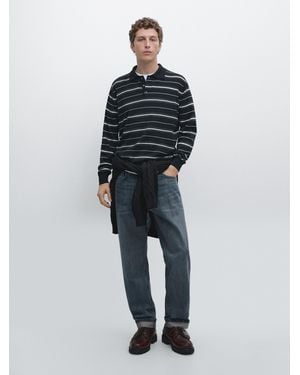 MASSIMO DUTTI Cotton Blend Striped Knit Polo Jumper - Blue