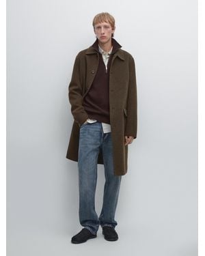 MASSIMO DUTTI Abrigo Largo Tejido Doble Mezcla Lana - Verde