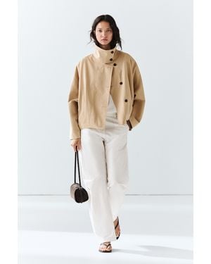 MASSIMO DUTTI Pleated Stand Collar Bomber Jacket - White