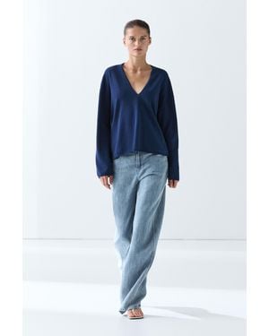 MASSIMO DUTTI Jersey Punto Cuello Pico - Azul