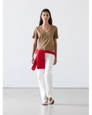 MASSIMO DUTTI Linen V-Neck T-Shirt - White