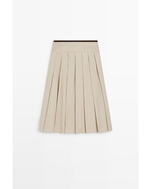 MASSIMO DUTTI Halflange Rok Met Plooien En Contrasterende Tailleband - Naturel