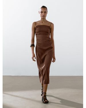 MASSIMO DUTTI Vestido Midi Frunces Mezcla Lino - Marrón