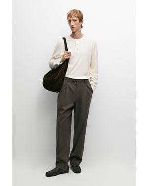 MASSIMO DUTTI 100% Cotton Long Sleeve Henley T-Shirt - White