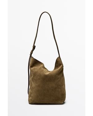 MASSIMO DUTTI Bolso Bucket Piel Serraje Efecto Desgastado - Marrón