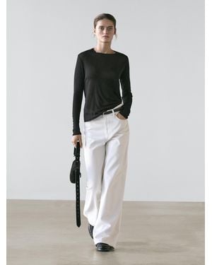 MASSIMO DUTTI 100% Cotton Semi-Sheer T-Shirt With Collar Detail - White