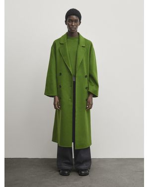 MASSIMO DUTTI Long Wool Blend Double-Breasted Coat - Green