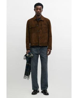 MASSIMO DUTTI Chaqueta Detalle Bolsillos Piel Ante - Marrón