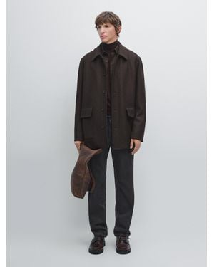 MASSIMO DUTTI Mid-Length Herringbone Wool Blend Coat - Black