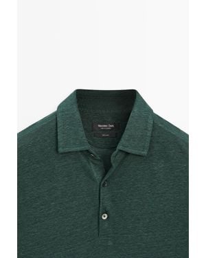 MASSIMO DUTTI 100% Linen Short Sleeve Polo Shirt - Green