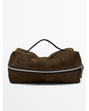 MASSIMO DUTTI Suede Leather Toiletry Bag With Zip - Brown