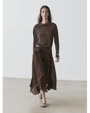 MASSIMO DUTTI Flared Polka Dot Midi Skirt - Brown