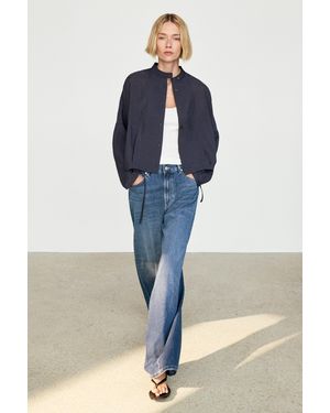 MASSIMO DUTTI Stand Collar Bomber Jacket With Button Details - Blue